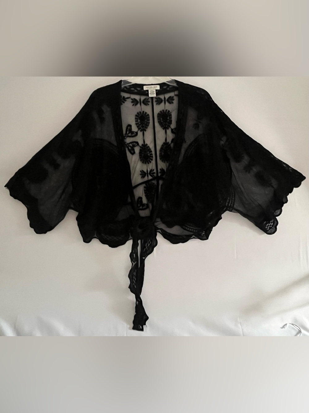Rachel Zoe Black Lace Mesh Sheer Front Tie Kimono Top OS